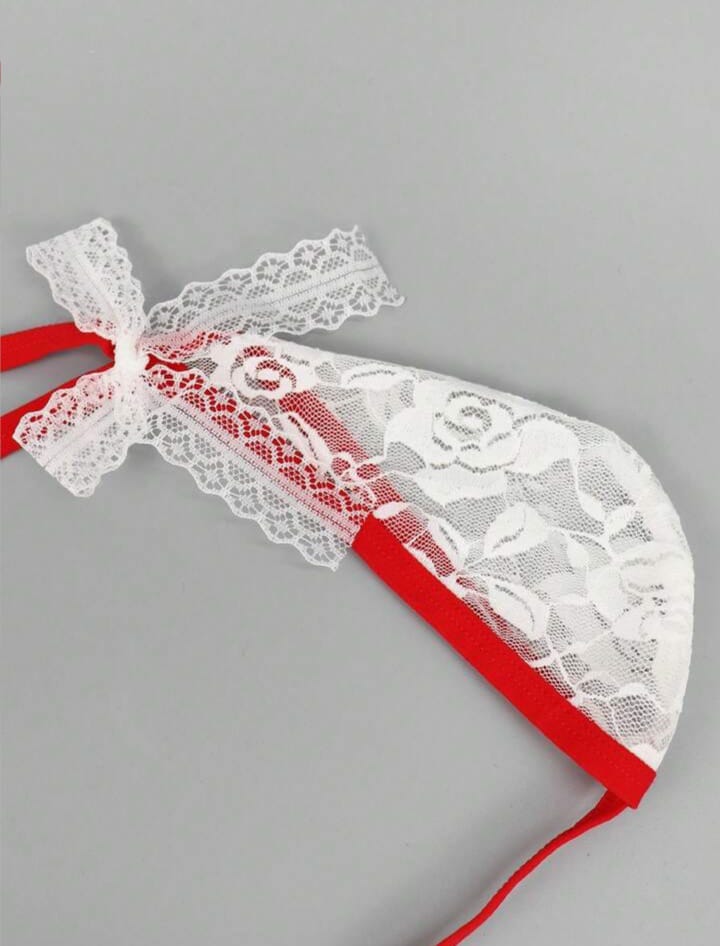 Men's Fashionable Spaghetti Strap White Bow Tie Lace Rose Trim Men's Briefs